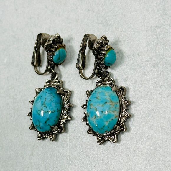 Womens Earrings Blue Stone Cabochon Silver Tone 1.75" Western Clip On Jewelry - Picture 10 of 11